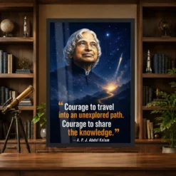 APJ Abdul Kalam Unexplored Path Courage Quote Frame 13 APJ Abdul Kalam Unexplored Path Courage Quote Frame showing a cinematic star-map and rocket poster about exploring new paths and sharing knowledge – Science Study Lifestyle View