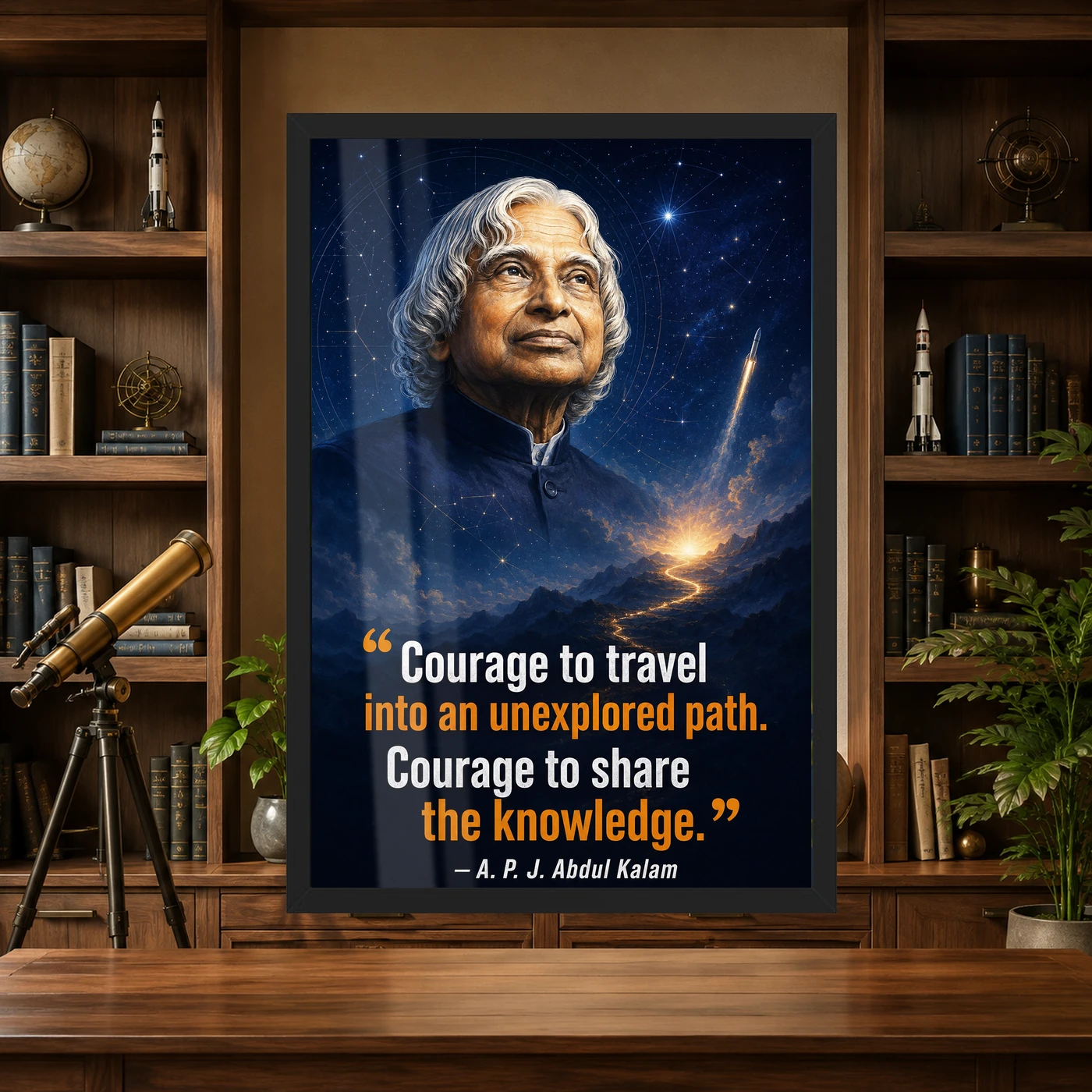 APJ Abdul Kalam Unexplored Path Courage Quote Frame 4 APJ Abdul Kalam Unexplored Path Courage Quote Frame showing a cinematic star-map and rocket poster about exploring new paths and sharing knowledge – Science Study Lifestyle View