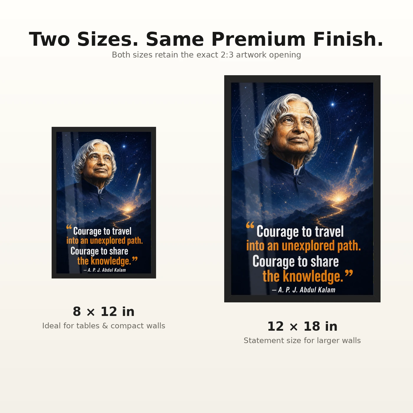 APJ Abdul Kalam Unexplored Path Courage Quote Frame 8 APJ Abdul Kalam Unexplored Path Courage Quote Frame showing a cinematic star-map and rocket poster about exploring new paths and sharing knowledge – 8×12 and 12×18 Inch Size Guide
