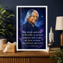 APJ Abdul Kalam Universe Dream and Work Quote Frame 19 APJ Abdul Kalam Universe Dream and Work Quote Frame showing a cosmic portrait poster about the universe supporting those who dream and work – Professional Achievement Gift View