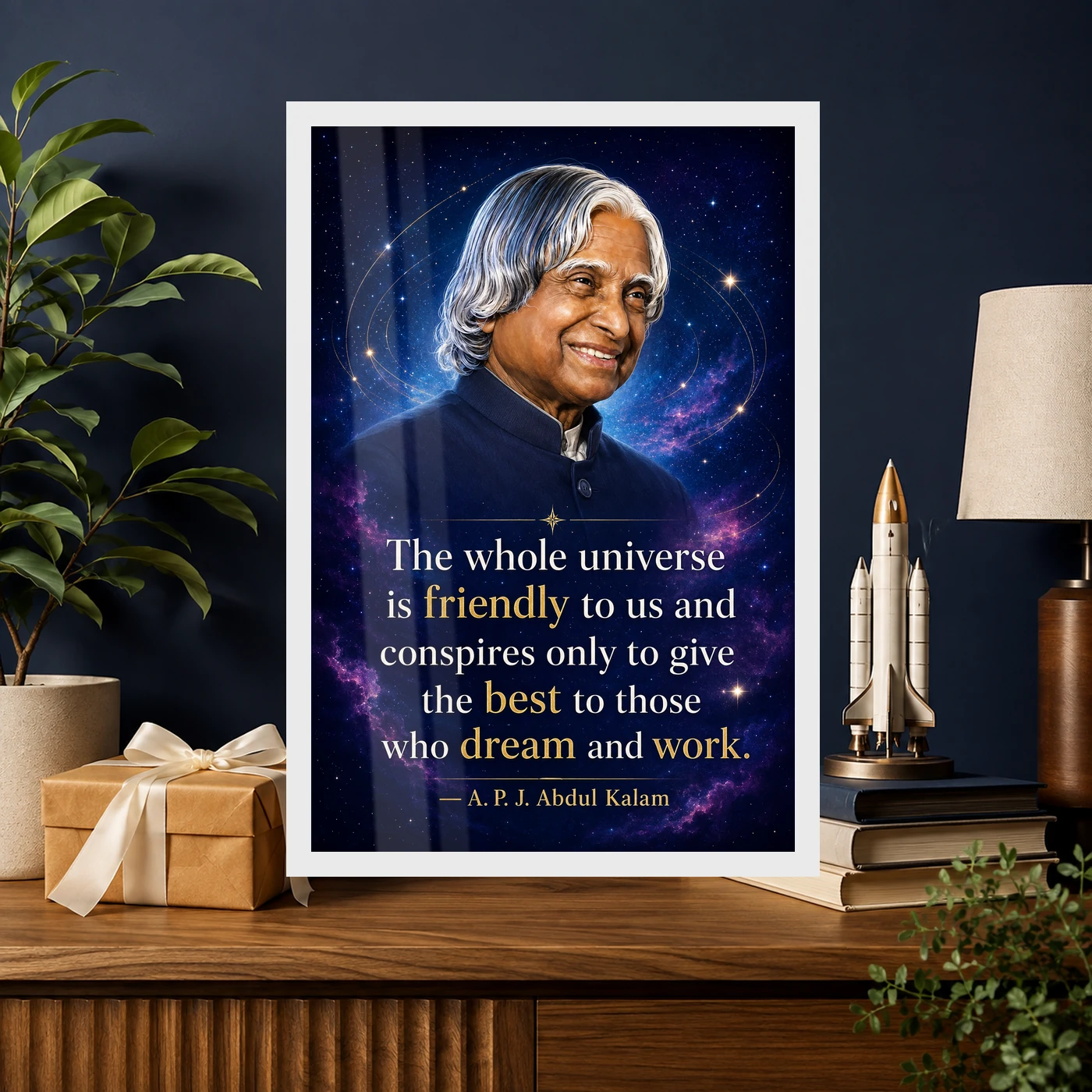 APJ Abdul Kalam Universe Dream and Work Quote Frame 10 APJ Abdul Kalam Universe Dream and Work Quote Frame showing a cosmic portrait poster about the universe supporting those who dream and work – Professional Achievement Gift View