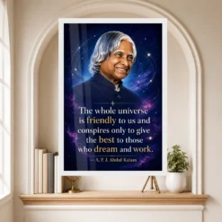 APJ Abdul Kalam Universe Dream and Work Quote Frame 15 APJ Abdul Kalam Universe Dream and Work Quote Frame showing a cosmic portrait poster about the universe supporting those who dream and work – Educational Reading Niche View