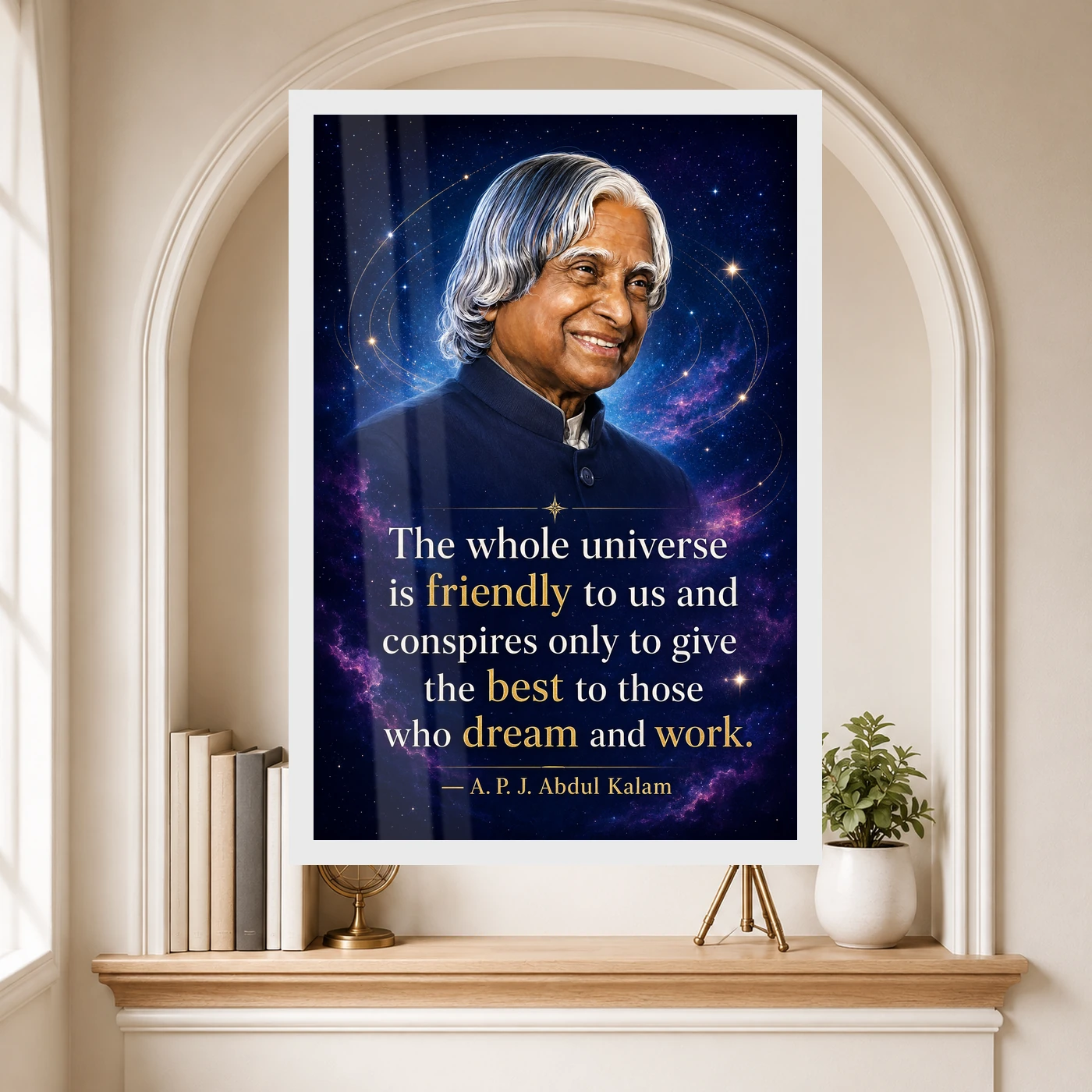 APJ Abdul Kalam Universe Dream and Work Quote Frame 6 APJ Abdul Kalam Universe Dream and Work Quote Frame showing a cosmic portrait poster about the universe supporting those who dream and work – Educational Reading Niche View