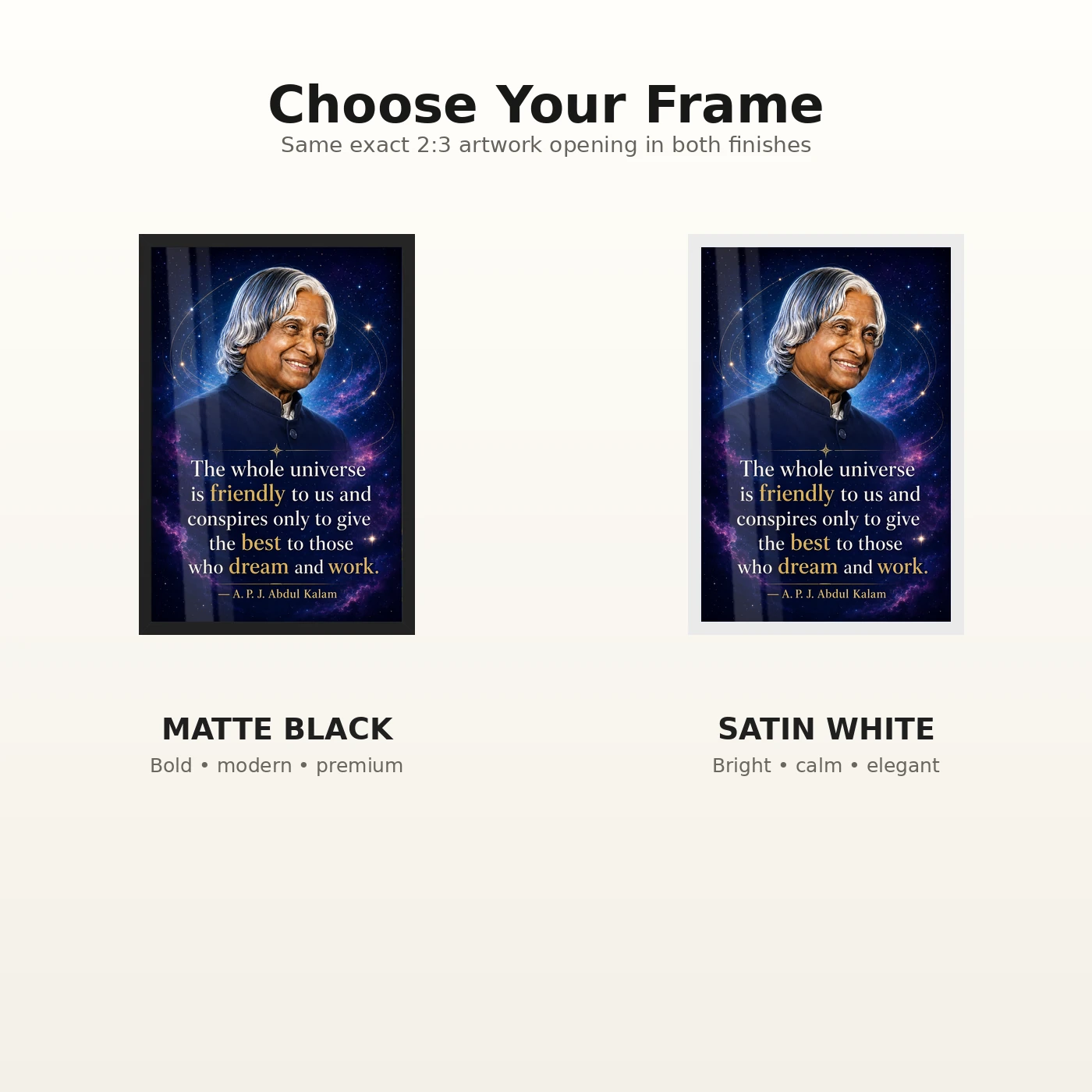 APJ Abdul Kalam Universe Dream and Work Quote Frame 7 APJ Abdul Kalam Universe Dream and Work Quote Frame showing a cosmic portrait poster about the universe supporting those who dream and work – Black and White Frame Options