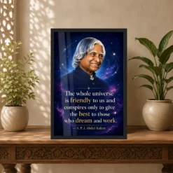 APJ Abdul Kalam Universe Dream and Work Quote Frame 14 APJ Abdul Kalam Universe Dream and Work Quote Frame showing a cosmic portrait poster about the universe supporting those who dream and work – Indian Carved Console View