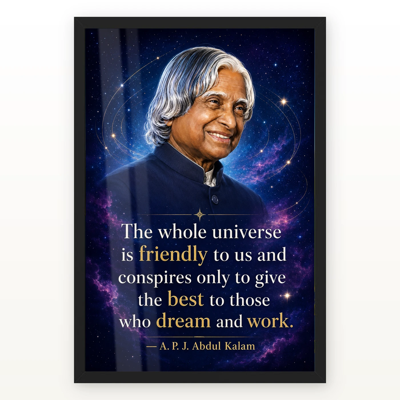 APJ Abdul Kalam Universe Dream and Work Quote Frame – premium framed wall art by GiftKida APJ Abdul Kalam Universe Dream and Work Quote Frame – premium framed wall art by GiftKida