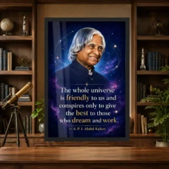 APJ Abdul Kalam Universe Dream and Work Quote Frame 13 APJ Abdul Kalam Universe Dream and Work Quote Frame showing a cosmic portrait poster about the universe supporting those who dream and work – Science Study Lifestyle View