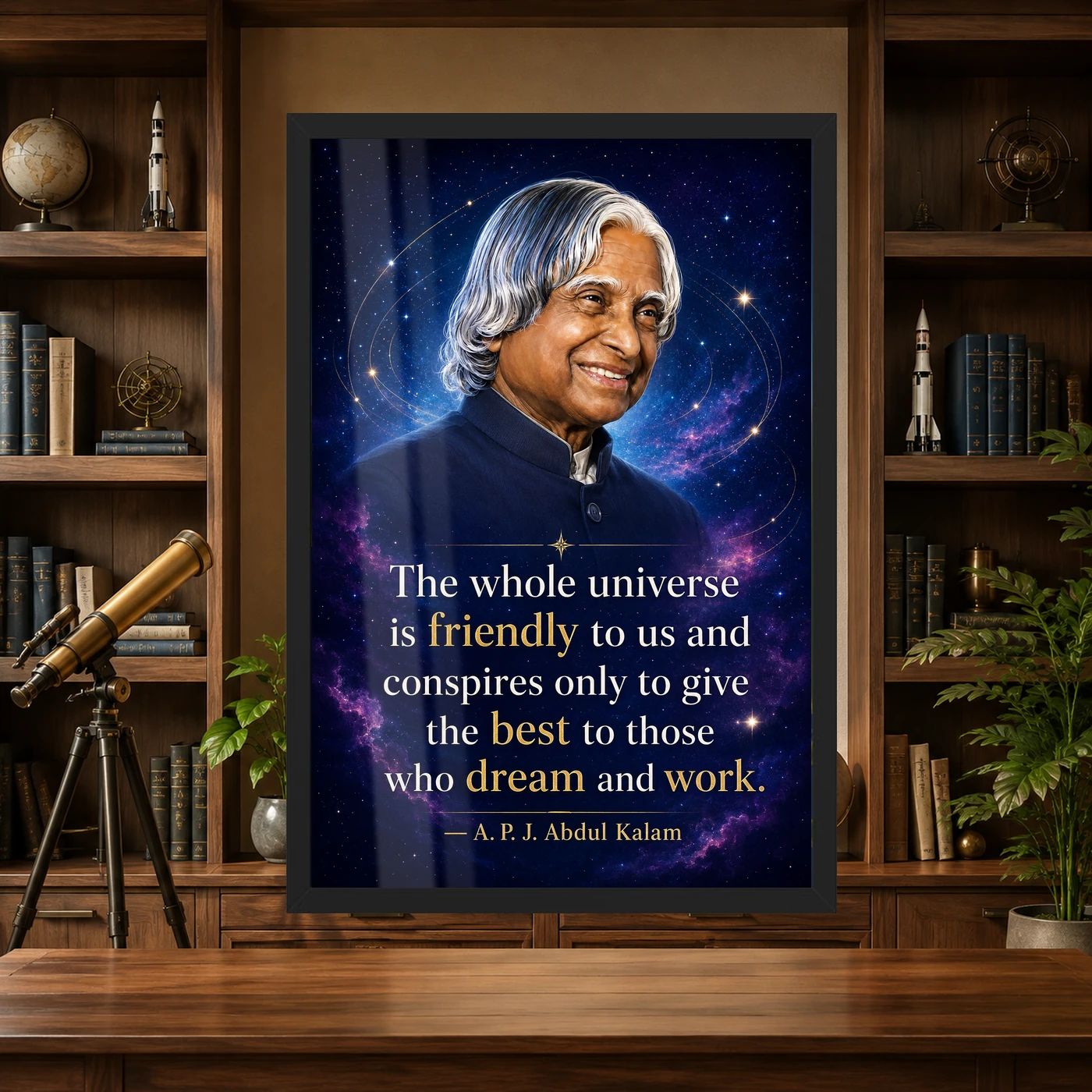 APJ Abdul Kalam Universe Dream and Work Quote Frame 4 APJ Abdul Kalam Universe Dream and Work Quote Frame showing a cosmic portrait poster about the universe supporting those who dream and work – Science Study Lifestyle View