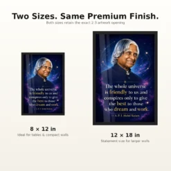 APJ Abdul Kalam Universe Dream and Work Quote Frame 17 APJ Abdul Kalam Universe Dream and Work Quote Frame showing a cosmic portrait poster about the universe supporting those who dream and work – 8×12 and 12×18 Inch Size Guide