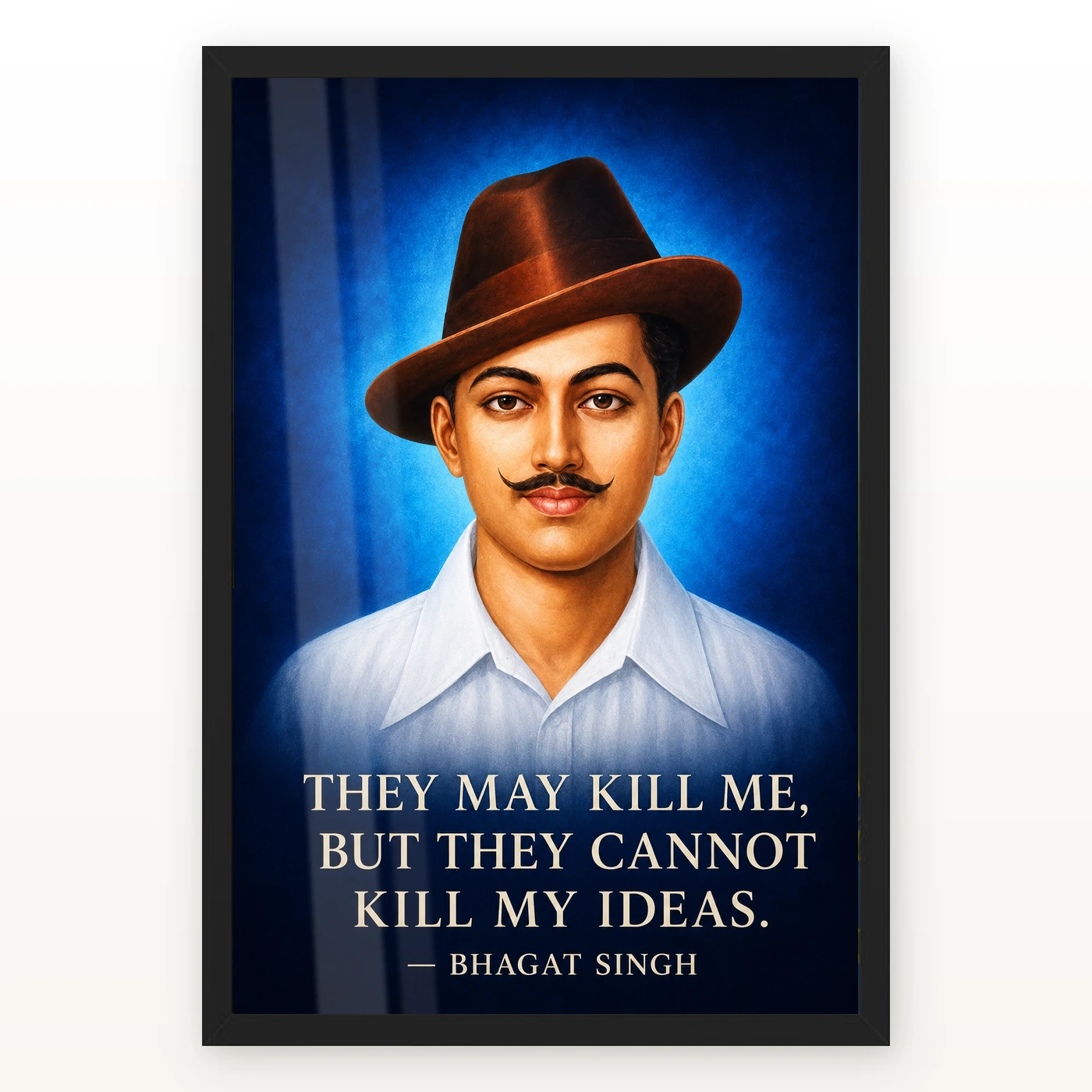 Bhagat Singh Ideas Live On Royal Blue Quote Photo Frame 1 Bhagat Singh clear royal-blue portrait with the ideas-live-on quotation in large ivory type photo frame – Black Frame