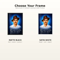 Bhagat Singh Ideas Live On Royal Blue Quote Photo Frame 16 Bhagat Singh clear royal-blue portrait with the ideas-live-on quotation in large ivory type photo frame – Black and White Frame Options