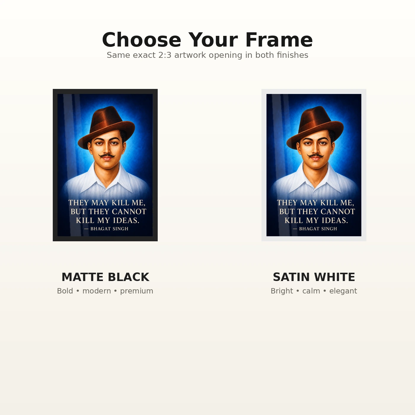 Bhagat Singh Ideas Live On Royal Blue Quote Photo Frame 7 Bhagat Singh clear royal-blue portrait with the ideas-live-on quotation in large ivory type photo frame – Black and White Frame Options