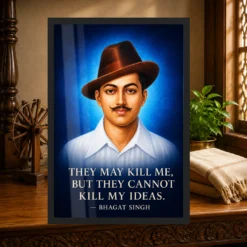 Bhagat Singh Ideas Live On Royal Blue Quote Photo Frame 13 Bhagat Singh clear royal-blue portrait with the ideas-live-on quotation in large ivory type photo frame – Heritage Study Display