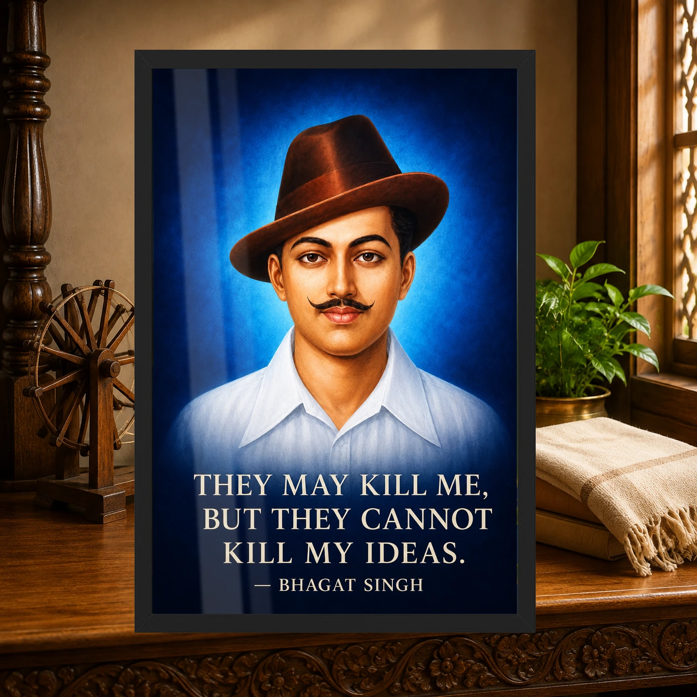 Bhagat Singh Ideas Live On Royal Blue Quote Photo Frame 4 Bhagat Singh clear royal-blue portrait with the ideas-live-on quotation in large ivory type photo frame – Heritage Study Display