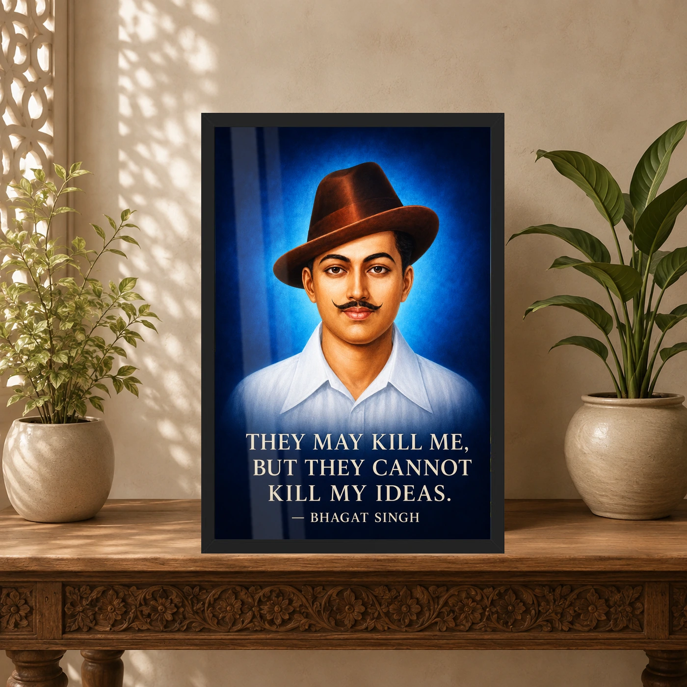 Bhagat Singh Ideas Live On Royal Blue Quote Photo Frame 5 Bhagat Singh clear royal-blue portrait with the ideas-live-on quotation in large ivory type photo frame – Indian Carved Console Display