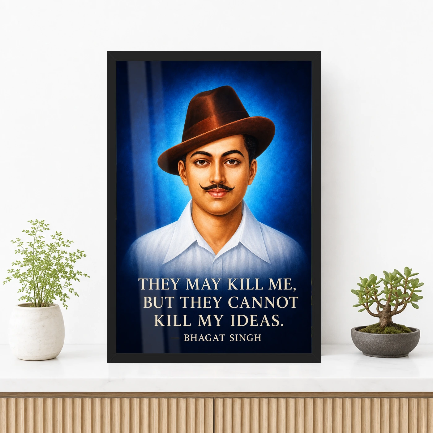Bhagat Singh Ideas Live On Royal Blue Quote Photo Frame 3 Bhagat Singh clear royal-blue portrait with the ideas-live-on quotation in large ivory type photo frame – Premium Console Display