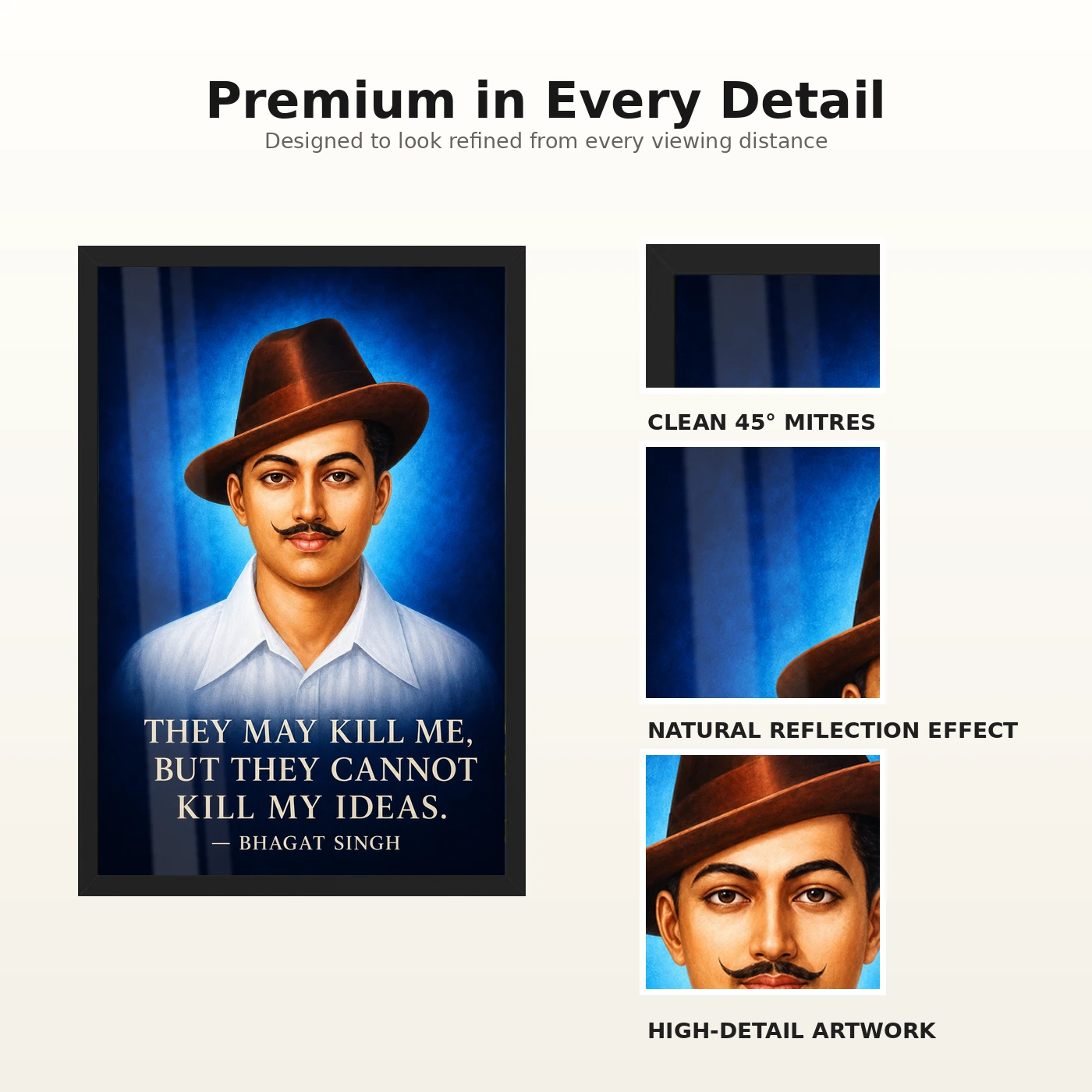 Bhagat Singh Ideas Live On Royal Blue Quote Photo Frame 9 Bhagat Singh clear royal-blue portrait with the ideas-live-on quotation in large ivory type photo frame – Frame and Print Details
