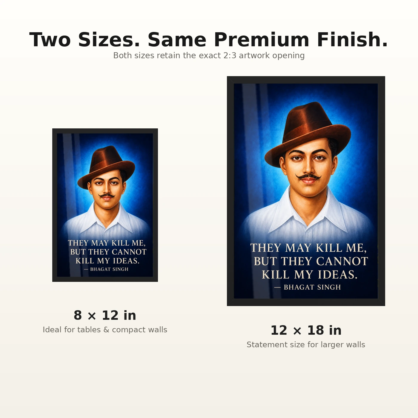 Bhagat Singh Ideas Live On Royal Blue Quote Photo Frame 8 Bhagat Singh clear royal-blue portrait with the ideas-live-on quotation in large ivory type photo frame – 8×12 and 12×18 Inch Size Guide