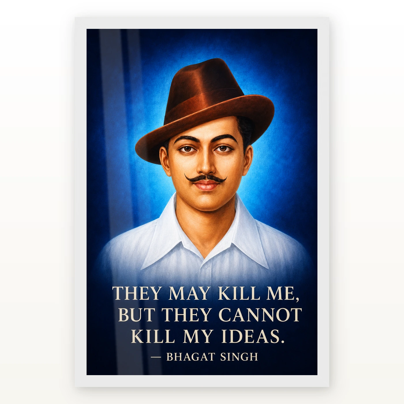 Bhagat Singh Ideas Live On Royal Blue Quote Photo Frame 2 Bhagat Singh clear royal-blue portrait with the ideas-live-on quotation in large ivory type photo frame – White Frame