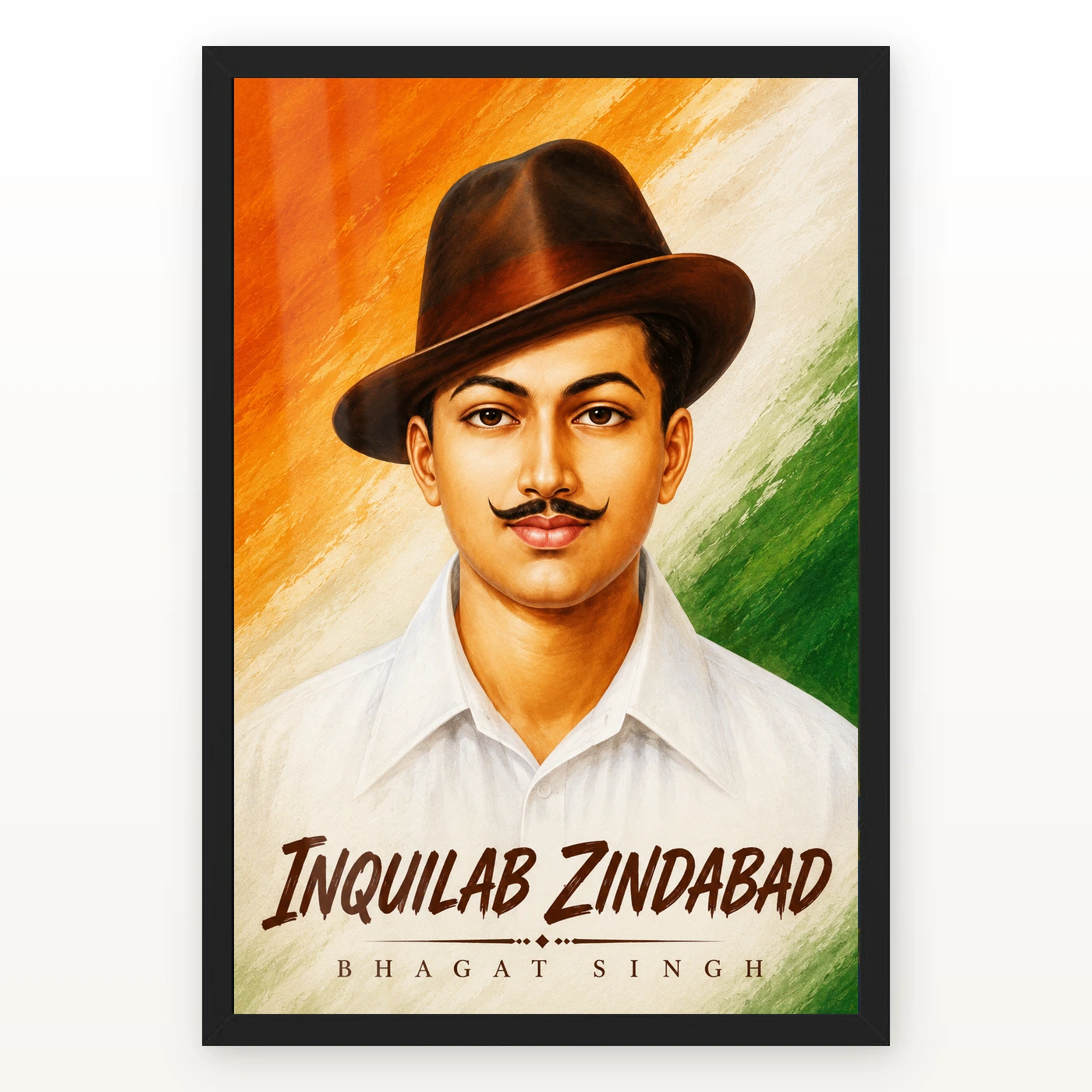 Bhagat Singh Inquilab Zindabad Tricolor Portrait Photo Frame 1 Bhagat Singh clear Inquilab Zindabad portrait on expressive saffron, ivory and green brush fields photo frame – Black Frame