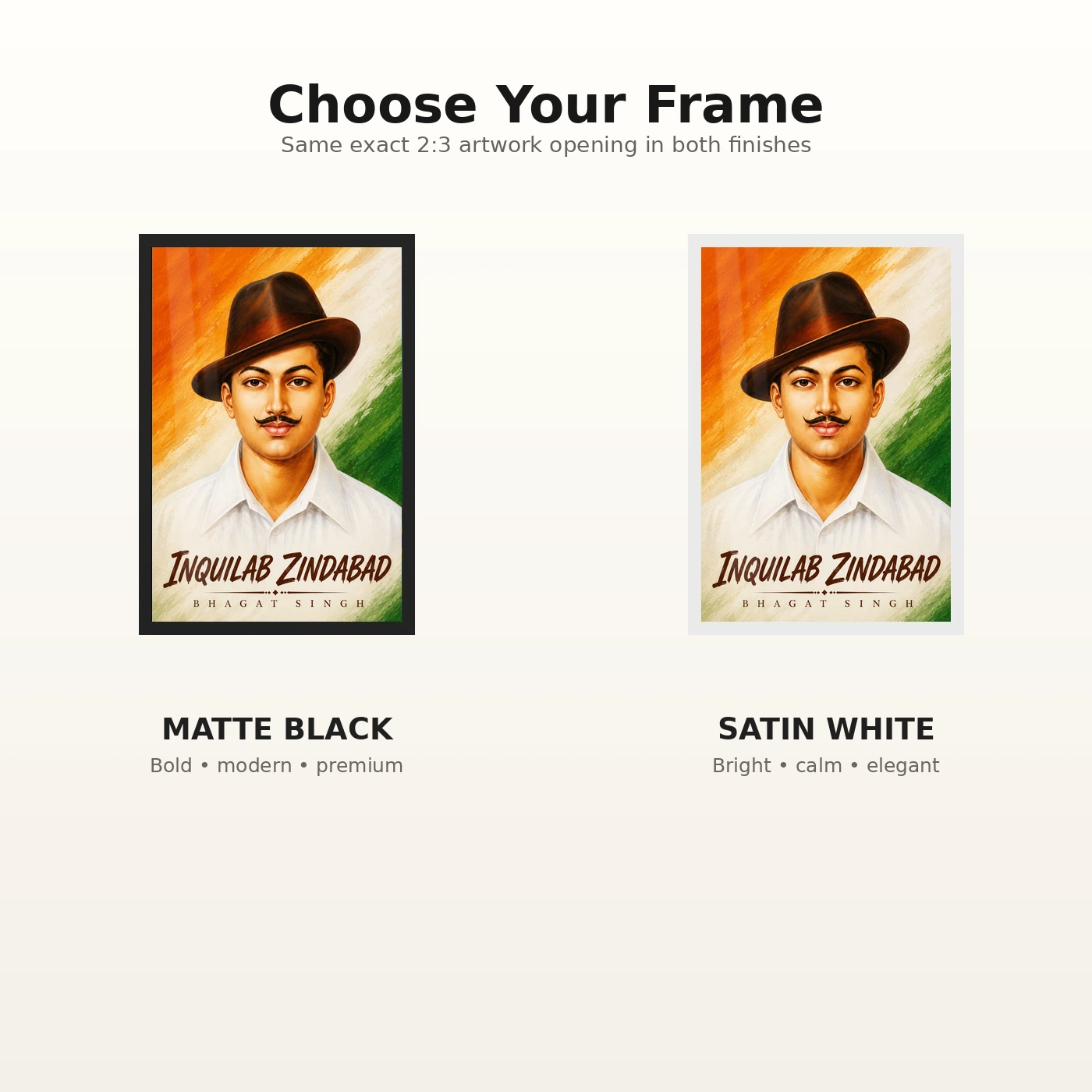 Bhagat Singh Inquilab Zindabad Tricolor Portrait Photo Frame 7 Bhagat Singh clear Inquilab Zindabad portrait on expressive saffron, ivory and green brush fields photo frame – Black and White Frame Options