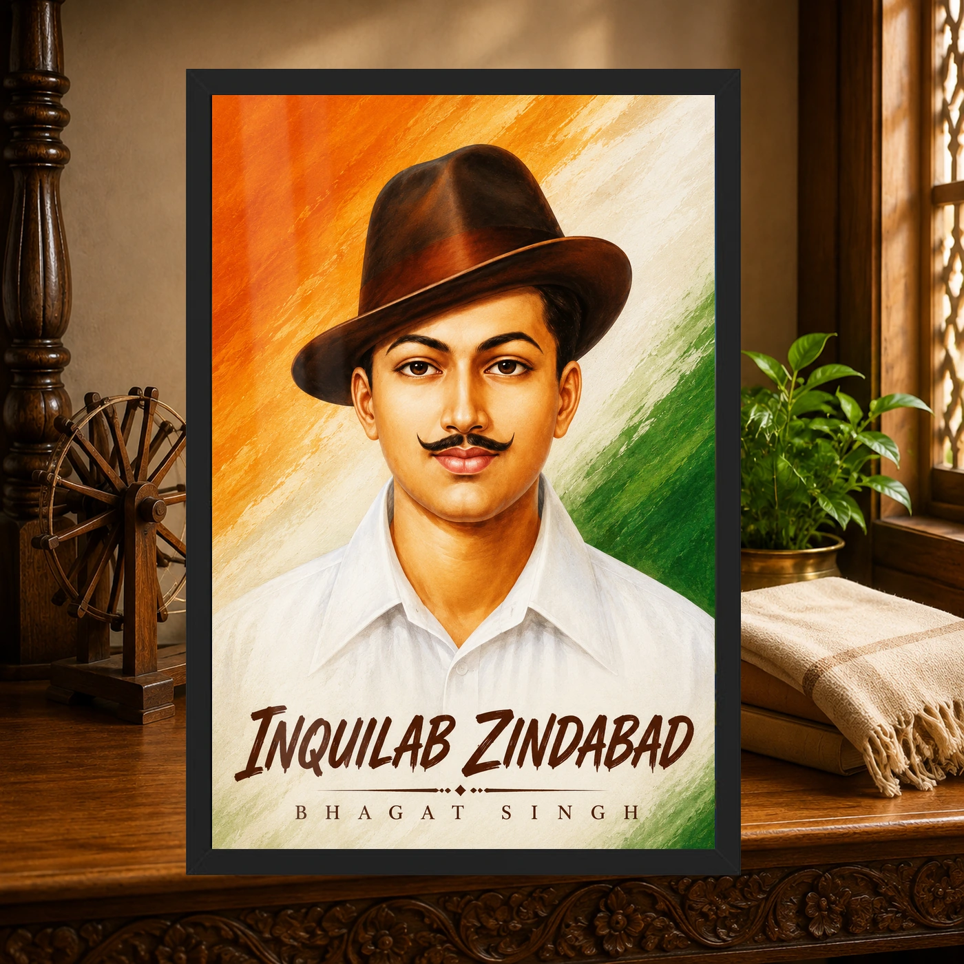 Bhagat Singh Inquilab Zindabad Tricolor Portrait Photo Frame 4 Bhagat Singh clear Inquilab Zindabad portrait on expressive saffron, ivory and green brush fields photo frame – Heritage Study Display