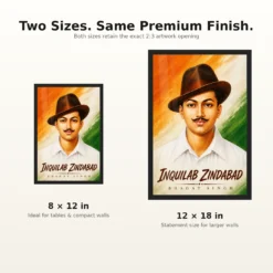 Bhagat Singh Inquilab Zindabad Tricolor Portrait Photo Frame 17 Bhagat Singh clear Inquilab Zindabad portrait on expressive saffron, ivory and green brush fields photo frame – 8×12 and 12×18 Inch Size Guide