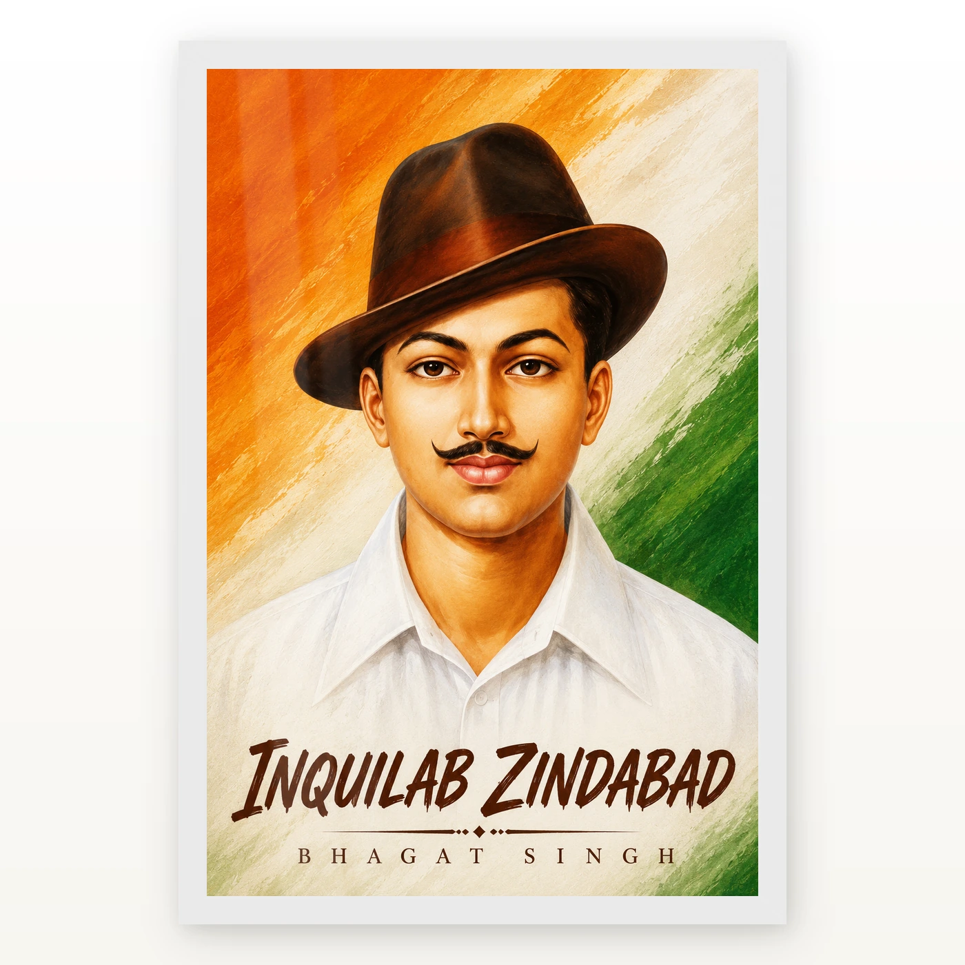Bhagat Singh Inquilab Zindabad Tricolor Portrait Photo Frame 2 Bhagat Singh clear Inquilab Zindabad portrait on expressive saffron, ivory and green brush fields photo frame – White Frame