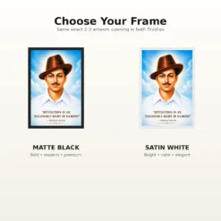 Bhagat Singh luminous sky-blue portrait with the revolution-is-a-right quotation photo frame – Black and White Frame Options