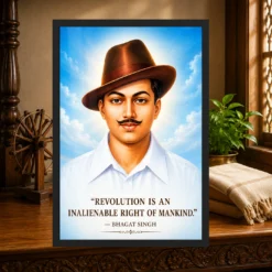 Bhagat Singh luminous sky-blue portrait with the revolution-is-a-right quotation photo frame – Heritage Study Display