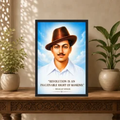 Bhagat Singh luminous sky-blue portrait with the revolution-is-a-right quotation photo frame – Indian Carved Console Display