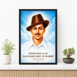 Bhagat Singh luminous sky-blue portrait with the revolution-is-a-right quotation photo frame – Premium Console Display