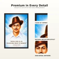 Bhagat Singh luminous sky-blue portrait with the revolution-is-a-right quotation photo frame – Frame and Print Details
