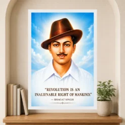 Bhagat Singh luminous sky-blue portrait with the revolution-is-a-right quotation photo frame – Reading Niche Display
