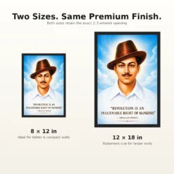 Bhagat Singh luminous sky-blue portrait with the revolution-is-a-right quotation photo frame – 8×12 and 12×18 Inch Size Guide