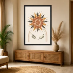 Boho Mandala Sun Golden Intricate Cream Wall Art Photo Frame mockup 4