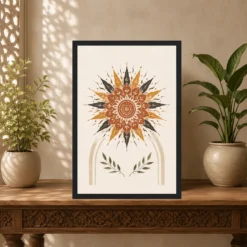 Boho Mandala Sun Golden Intricate Cream Wall Art Photo Frame mockup 5