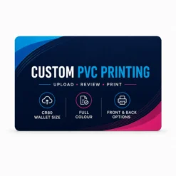 Reverse view of a custom PVC card with upload review and print steps