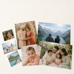 Custom laminated photo print size options for family wedding baby and travel pictures