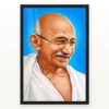 Mahatma Gandhi Blue Background Portrait Photo Frame 20 Mahatma Gandhi clear smiling Gandhi portrait on a blue background photo frame – Black Frame
