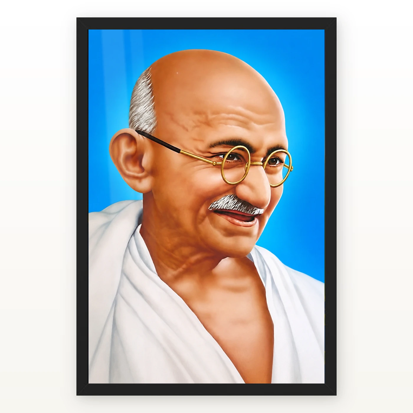 Mahatma Gandhi Blue Background Portrait Photo Frame 1 Mahatma Gandhi clear smiling Gandhi portrait on a blue background photo frame – Black Frame