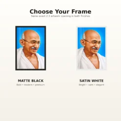 Mahatma Gandhi Blue Background Portrait Photo Frame 16 Mahatma Gandhi clear smiling Gandhi portrait on a blue background photo frame – Black and White Frame Options