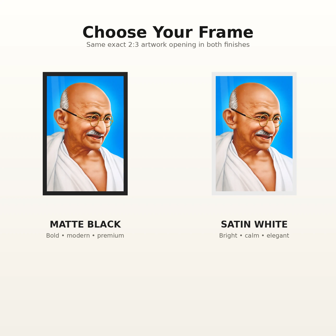 Mahatma Gandhi Blue Background Portrait Photo Frame 7 Mahatma Gandhi clear smiling Gandhi portrait on a blue background photo frame – Black and White Frame Options