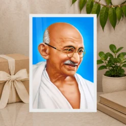 Mahatma Gandhi Blue Background Portrait Photo Frame 19 Mahatma Gandhi clear smiling Gandhi portrait on a blue background photo frame – Gift Display