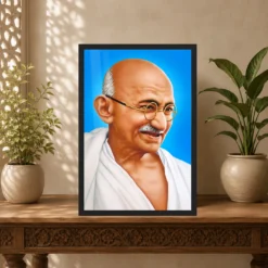 Mahatma Gandhi Blue Background Portrait Photo Frame 14 Mahatma Gandhi clear smiling Gandhi portrait on a blue background photo frame – Indian Carved Console Display