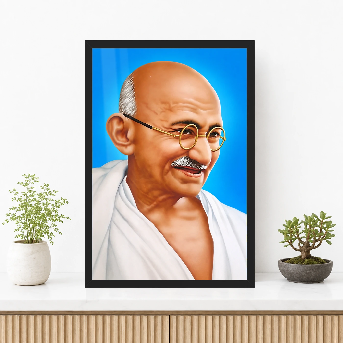 Mahatma Gandhi Blue Background Portrait Photo Frame 3 Mahatma Gandhi clear smiling Gandhi portrait on a blue background photo frame – Premium Console Display