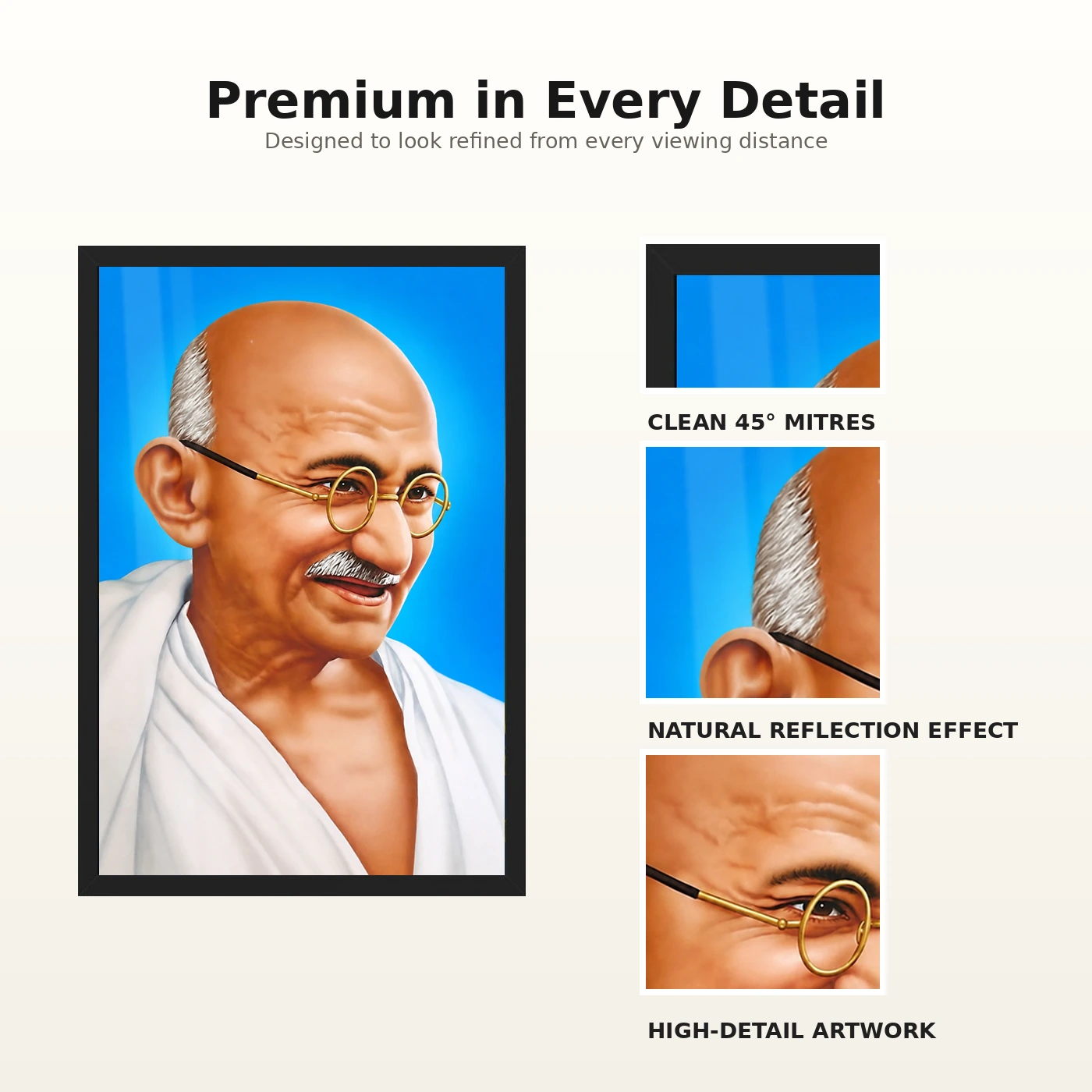 Mahatma Gandhi Blue Background Portrait Photo Frame 9 Mahatma Gandhi clear smiling Gandhi portrait on a blue background photo frame – Frame and Print Details
