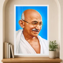 Mahatma Gandhi Blue Background Portrait Photo Frame 15 Mahatma Gandhi clear smiling Gandhi portrait on a blue background photo frame – Reading Niche Display