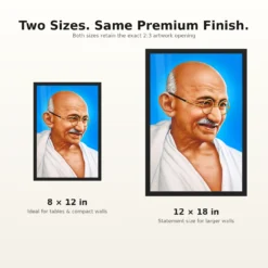 Mahatma Gandhi Blue Background Portrait Photo Frame 17 Mahatma Gandhi clear smiling Gandhi portrait on a blue background photo frame – 8×12 and 12×18 Inch Size Guide