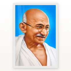 Mahatma Gandhi clear smiling Gandhi portrait on a blue background photo frame – White Frame